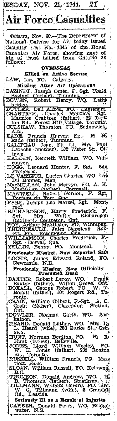 Globe and Mail Nov 21, 1944 Sigal Class Vii